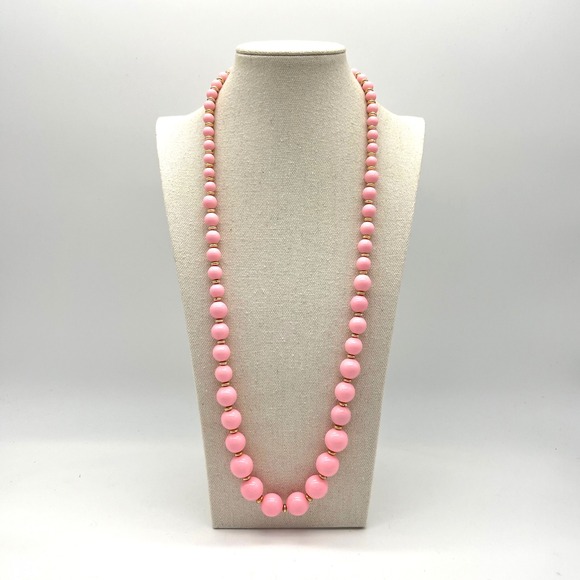 Vintage Genuine Lucite Bubble Gum Pink Bead Necklace Graduated Gold Accents - Picture 1 of 4
